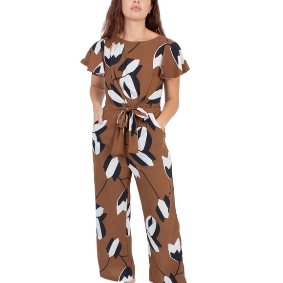 Eva Franco Anthropologie Miranda Jumpsuit in Brown Black WhiteFloral, Size 2